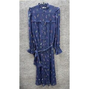 ELOQUII Elements Maxi Dress Sz 14 Blue Lined Ruffle Floral Sheer Sleeve Chiffon
